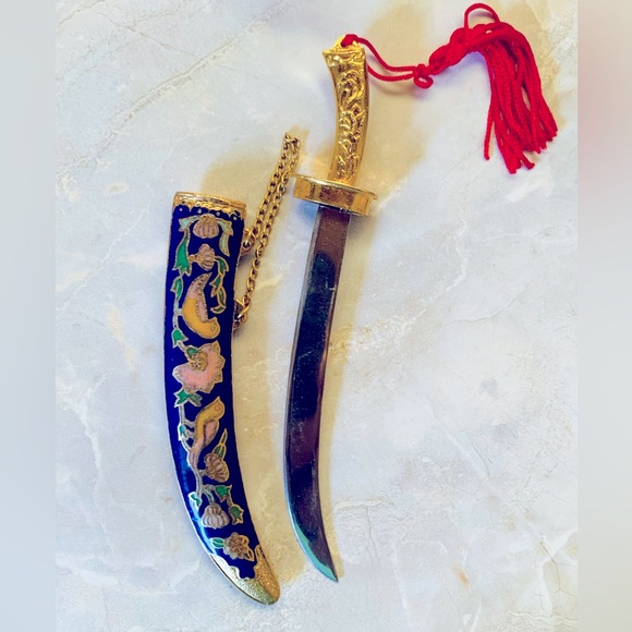 Decorative Cloisonne Sword Letter Opener Gold Plated with Red Tassel - Picture 9 of 9